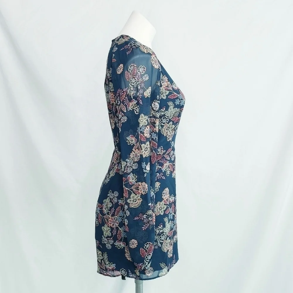 Line + Dot Floral Romper w/Sheer Long Sleeves Blue Multi - Picture 4 of 12